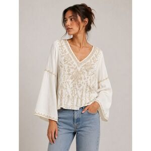 Johnny Was Workshop White Embroidered Bell Sleeve Peasant Blouse W14719-3 XS